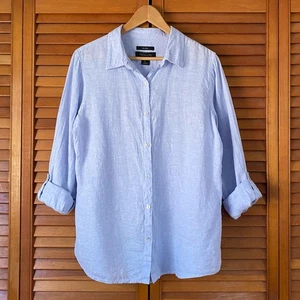 Tahari Top Camicia Donna Taglia Large 100% Lino Bottoni Lungo Rotolo Tab Manica - Foto 1 di 5