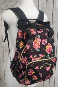 Betsey Johnson Floral Nylon Backpack Black Pink Roses Zip Pockets NY Purse Bag - Picture 1 of 16