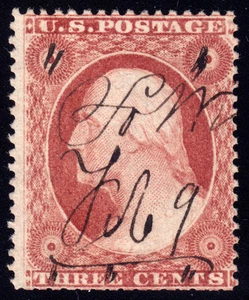 #25 - 3¢ 1851-1857, Plate 4, Brownish Carmine, Fancy manuscript & date cancel - Picture 1 of 1