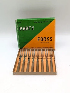 Vintage MCM Set of 8 Mini Party Forks Hors doeuvres in Box Stainless Wood Japan - Picture 1 of 6