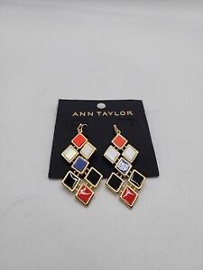 Gorgeous Pierced Earrings Wires 2 Inches Goldtone Multicolored Enamel ANN TAYLOR