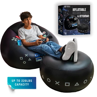 FranFusion Blue Inflatable Gaming Chair for kids & Teens With Ottoman