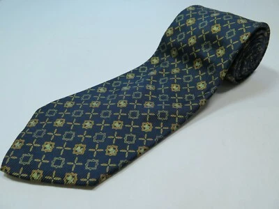 Brioni Men Pure Silk Dark Blue Gold Geometric Design DSN 8050327 Italian Necktie - Image 1 of 4