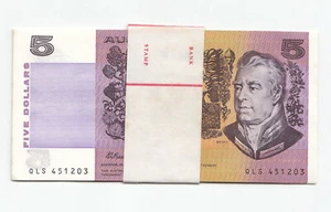 Australia 1991 Fraser Cole $5 Note CONSECUTIVE RUN OF 8 UNC IN BANK WRAPPER - Picture 1 of 2