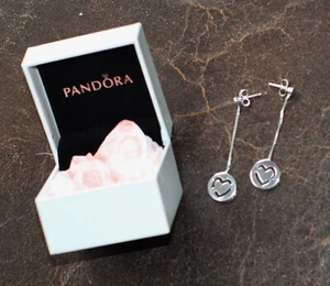 Pandora Sterling Silver Cut Heart Drop Dangle Earrings w/ Pink Cubic Zirconias - Picture 1 of 3