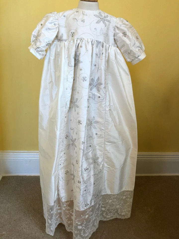 ivory/silver silk dupion Christening Gown . Hand made original one off - Image 1 of 4