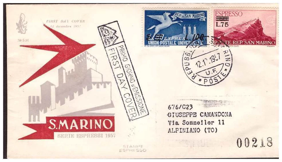 FDC Venetia Club San Marino 1957 - Espressi Viaggiata - Image 1 of 1
