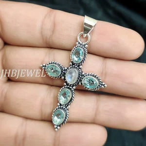 London Blue Topaz, Moonstone Gemstone Cross 925 Sterling Silver Latest Pendant - Picture 1 of 8