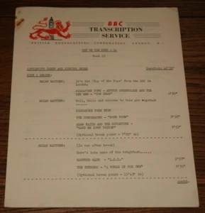 BBC TOP OF THE POPS LP 24 WEEK 19 CUE SHEET ONLY NO VINYL LP - Imagen 1 de 2