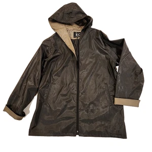 KC Collections PVC Rain Slicker Jacket Adult 1X Black Tan Hooded Vented Pockets - Picture 1 of 13