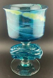 Vintage 1975 Handmade Mdina Studio Art Glass Chalice / Vase Blue Swirl 7-3/4” - Picture 1 of 8