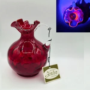 Jarrón FENTON rojo rubí punto óptico volante jarra mango 7" borde amarillo etiqueta original - Imagen 1 de 14