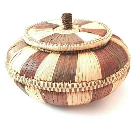 Vintage Hand Woven African Basket with Lid 6-in by 4-in Cover