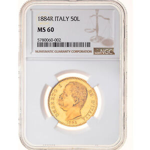 [#970333] Coin, Italy, Umberto I, 50 Lire, 1884, Rome, NGC, MS60, MS(60-62), Gol