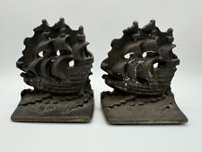 Vintage Pair of Cast Iron / Bronze Bookends Sailing Ships