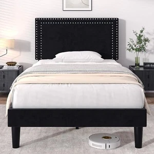 Twin Size Platform Bed Frame with Adjustable Headboard Wood Slat Support - Picture 1 of 7