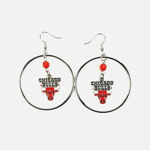 CHICAGO BULLS EARRINGS TEAM 2" HOOP COLOR BEAD DANGLE STYLE WITH HOOP Cover