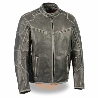 MENS MOTORCYCLE VINTAGE DISTRESSED GREY LEATHER JACKET w/ TWO GUN POCKETS - SADA - Image 1 of 4