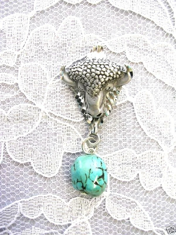 ENGRAVED AMERICAN BUFFALO HEAD w BLUE TURQUOISE DANGLING PENDANT ADJ NECKLACE - Image 1 of 1