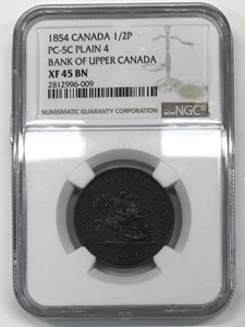 1854 Bank of Upper Canada Half Penny (1/2p) Token - PC-5C Plain 4 - NGC XF45 BN - Picture 1 of 3
