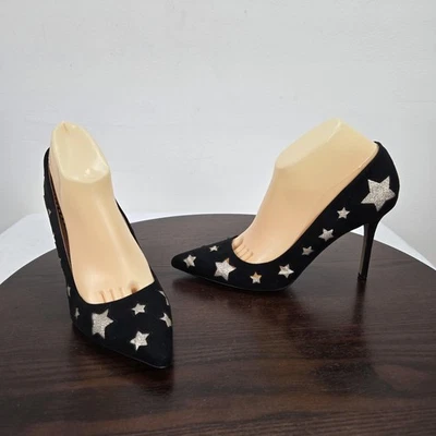 Tacones Betsey Johnson Mujer 9.5M Negro Plata Estrella Brillo Punta PRYCE Fiesta Foto 1 de 4