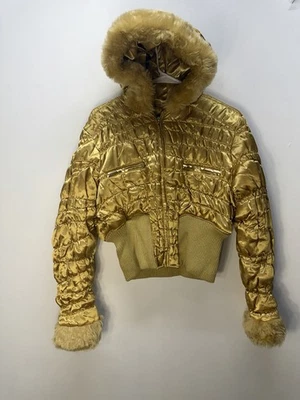 George Palomares Y2K стиль золото укороченный пуховик куртка с отделкой из искусственного меха размер L - Изображение 1 из 4