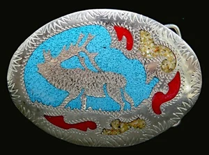 Elk Turquoise Coral Inlay Southwest Style Vintage Belt Buckle - Picture 1 of 4