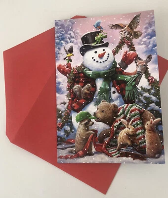 10 CHRISTMAS Leanin Tree Cards Box Set, SNOWMAN W/ WOODLAND ANIMALS AROUND HIM - Image 1 of 2