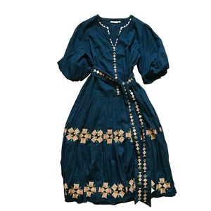 Roller Rabbit Valonia Midikleid Damen Medium türkis blau V-Ausschnitt bestickt Gürtel - Bild 1 von 11