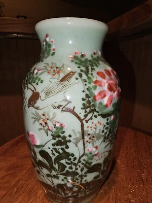 Jarrón antiguo japonés/asiático Seto verde celadón porcelana flores Foto 1 de 4