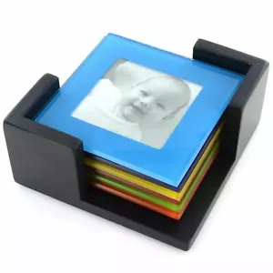 Glass Photo Coasters 6 Pack Colour Frame With Wood Holder Drink Mats Set 2"X 3" - Imagen 1 de 2
