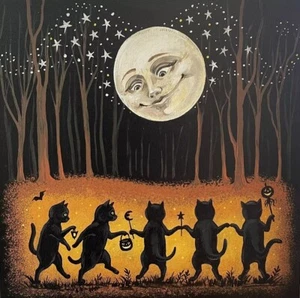 Cat Witches in the Moonlight Pastoral Halloween 8x8 Cotton Craft Fabric Block - Picture 1 of 2