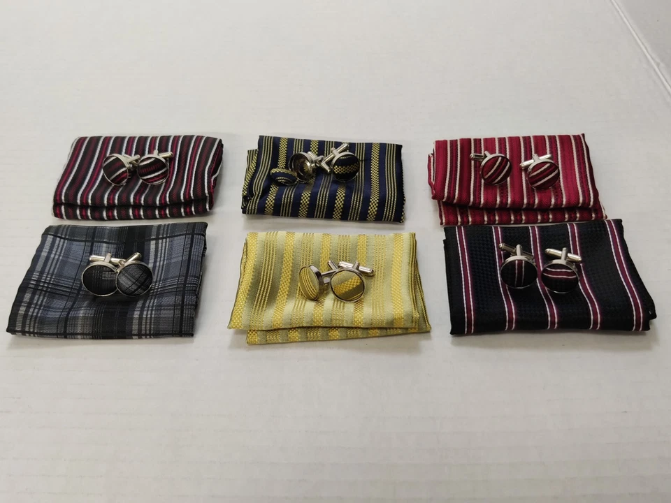 Lot Of 6 Handkerchiefs With Matching Cuff Links Striped Patterns  - Image 1 of 1