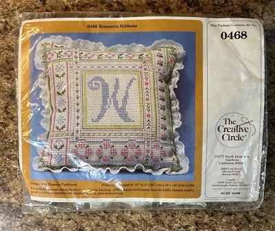 1984 The Creative Circle Cross Stitch Embroidery Pillow 0468 Romantic Ribbons ✅ - Image 1 of 4