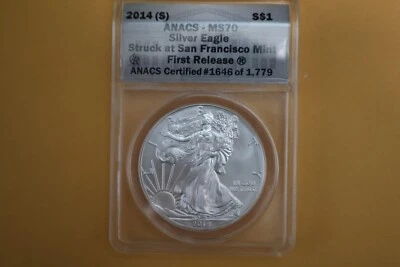 2014-(S) Silver Eagle Struck at San Francisco ANACS MS70 First Releases - Image 1 of 4