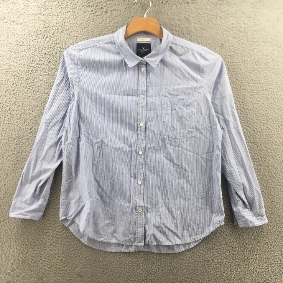 Camisa de vestir con botones Americal Eagle para mujer grande azul a rayas manga larga Foto 1 de 4