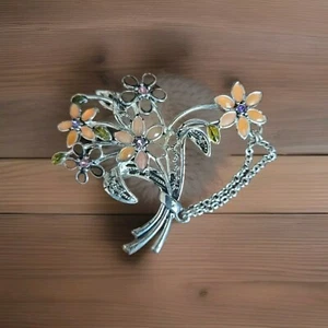 Beaded Floral Dangling Chain Brooch Pin 2.5" Wide - Picture 1 of 2