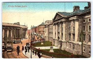 Postcard Trinity College Dublin Ireland Horse Carriages Trolley Street Cars D476 - Picture 1 of 2