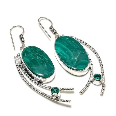 Malachite, Diopside Gemstone 925 Sterling Silver Jewelry Earring 2.36" a182 - Image 1 of 2