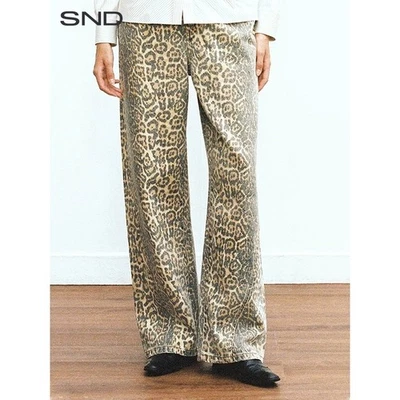 Леопардовый принт/животное печати джинсовые брюки середины подъема прямые штанины стильный/y2k хлопок - Изображение 1 из 4