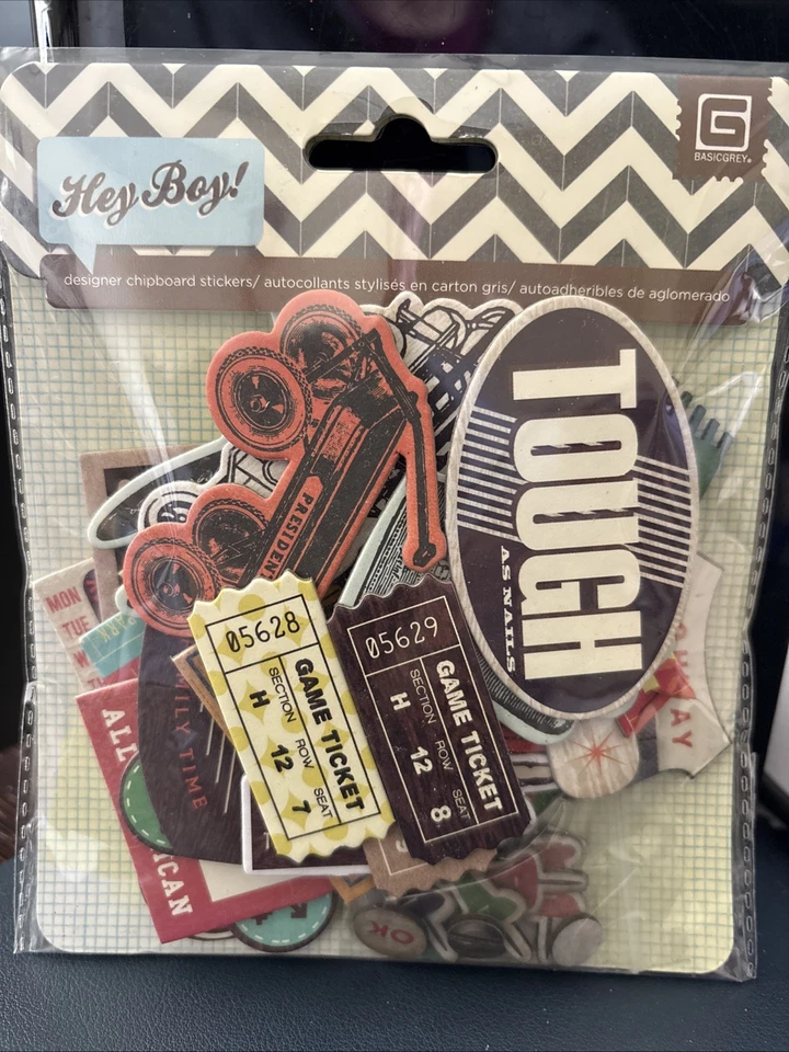 BasicGrey "HEY BOY" Chipboard  stickers retired 2012 - NEW - Image 1 of 4