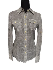 Tory Burch Womens Sz 2 Button Down Shirt Herringbone Button Down Roll Up Sleeves - Picture 1 of 13
