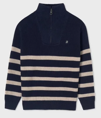 MAYORAL  Stripe Zip Cotton Sweater  - Navy/Beige-  NWT Boys 14 - Image 1 of 4