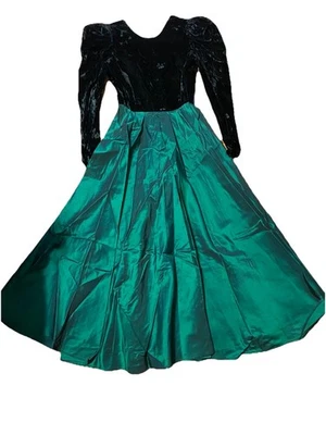 Vintage 80s Margie Darnell Black Velvet Green Taffeta Evening Gown Prom Dress 6 - Image 1 of 4