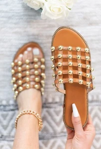LADIES SLIDERS STUDDED CAGE SLIDES FLAT WOMENS SUMMER BLING SANDALS SHOES SIZE - Picture 1 of 26