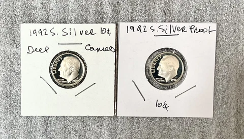 1992 S  Two Silver Proof Roosevelt Dime DCAM  From Proof Set Cover