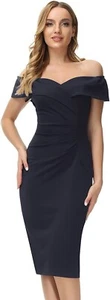 JASAMBAC Damen Schulterfrei V Ausschnitt Rüschen Bodycon Midi Elegant Cocktail Party - Bild 1 von 5