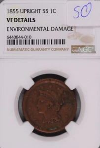 1855 Upright 55 Braided Hair Large Cent NGC VF Details Environmental #4-010 - Picture 1 of 2