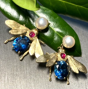 Vintage Fly Insect Earrings Estate Fine Jewelry Pre-Owned Pearl Ruby Blue Topaz - Picture 1 of 24