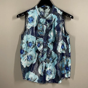 NEW J Crew Shirt Womens XS blue black silver floral ruffle button up blouse - Picture 1 of 10